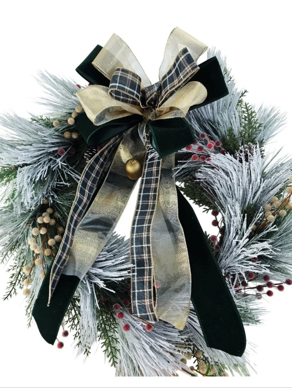 Festive Frosted Pine Holiday Wreath with Gold & Green Bow